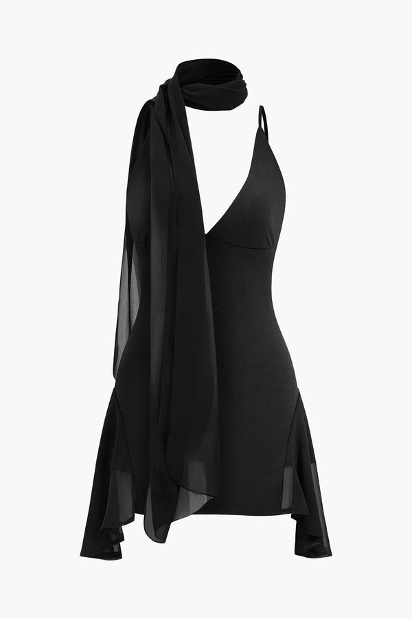 Chiffon slip mini-jurk met ruches en halsdoek