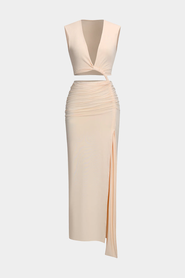 Ruffles Cut Out V Neck Sleeveless Slit Maxi Dress 