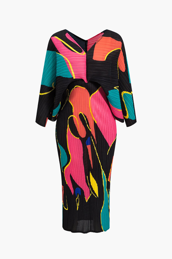 Color block print maxi dress with pleated v-neck and batwing sleeves 