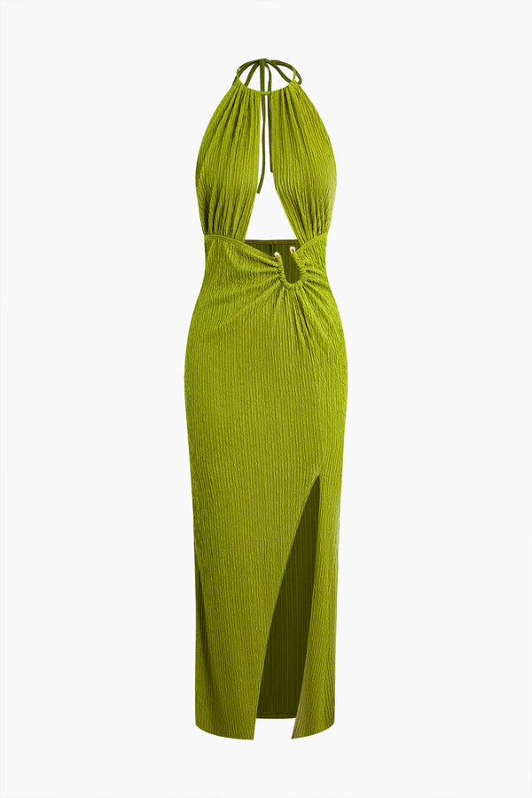 U-ring detail halter slit backless maxi dress 