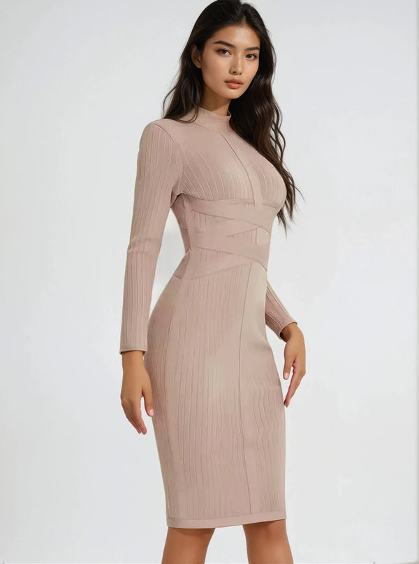 Bandage dress camel long sleeve