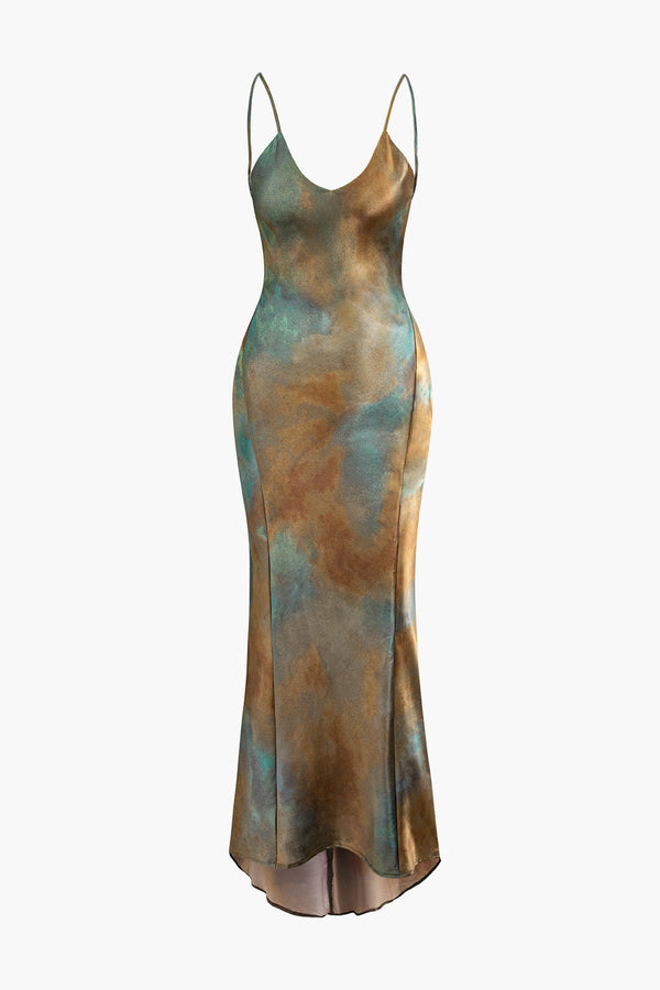 Tie Dye V-Neck Satin Maxi Dress 