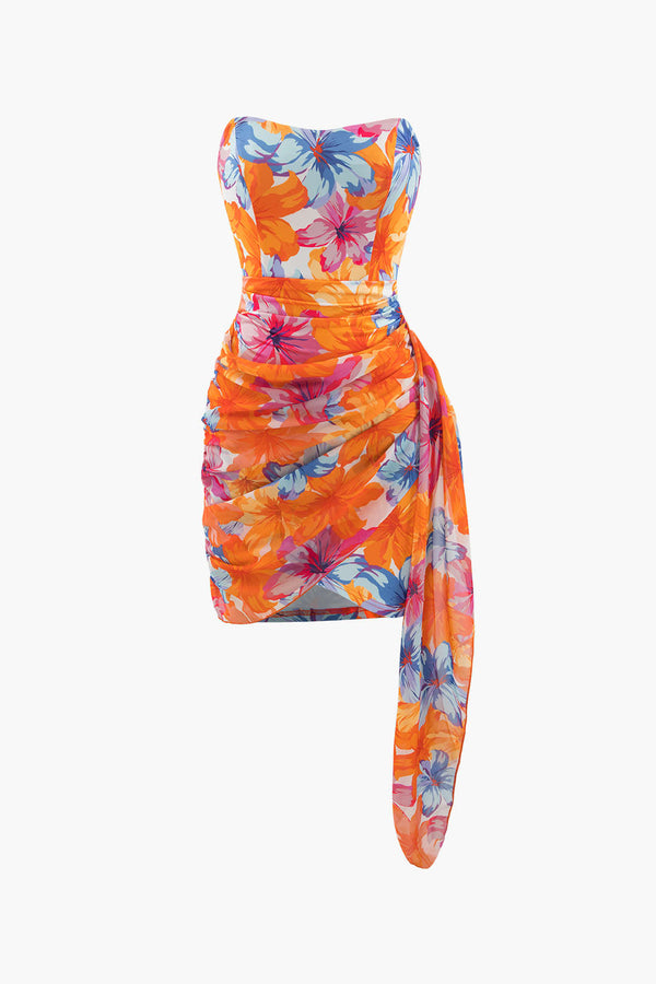 Bloemenprint wrap ruches strapless mini -jurk