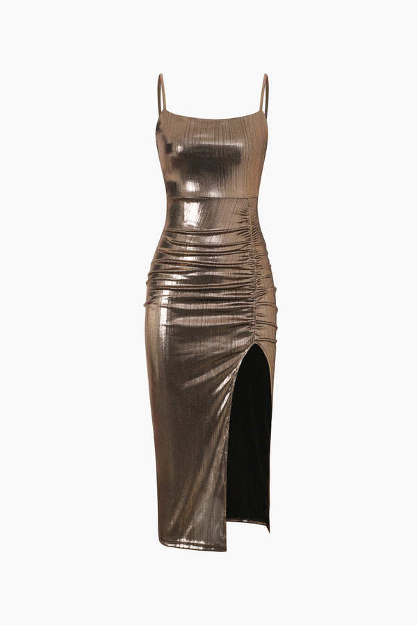 Metallic Ruched Slit Midi dress 