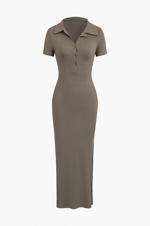 Solid midi dress with split collar 