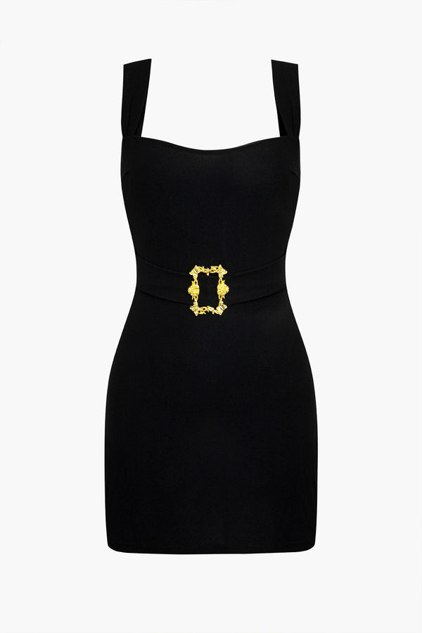 Plain mini dress with metal buckle and belt 