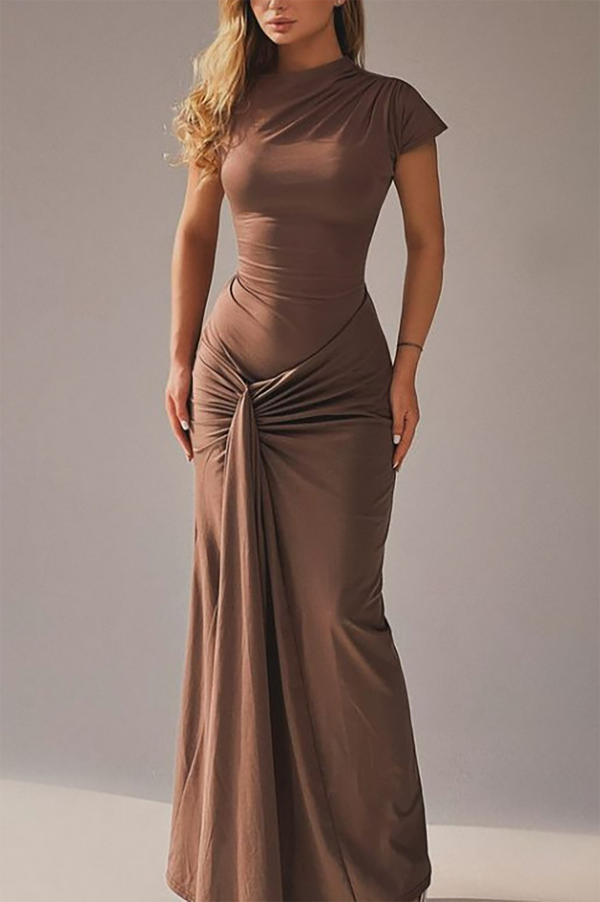 Solid asymmetric maxi dress with button 