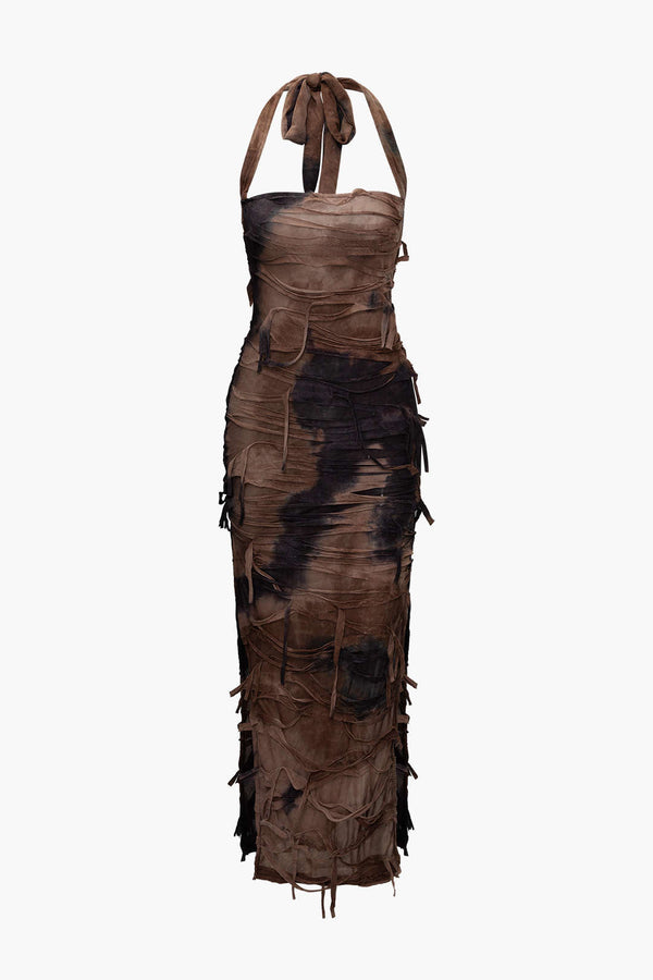 Tie Dye Distressed Mesh Split Halter Maxi Dress 