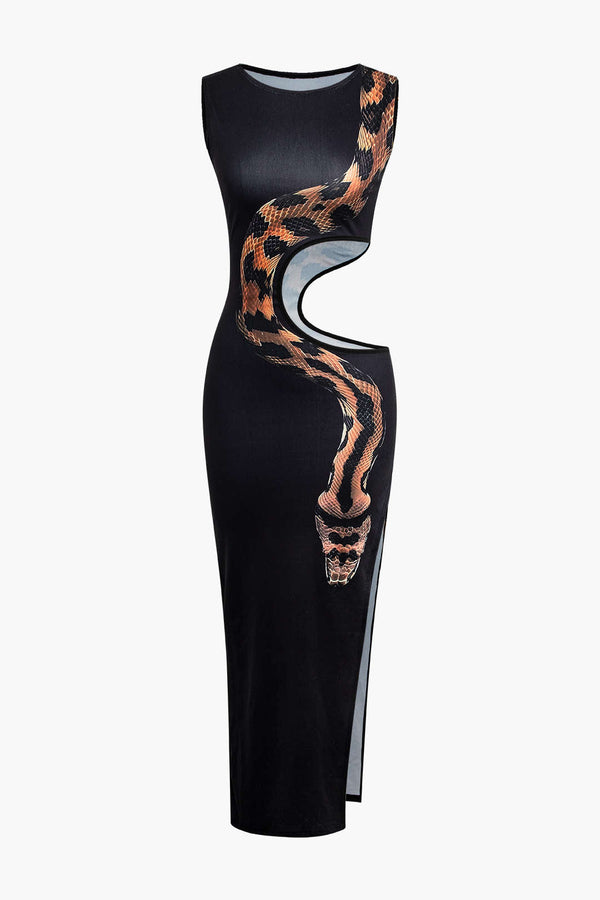 Snake Print Cut Out Sleeveless Slit Maxi Dress 